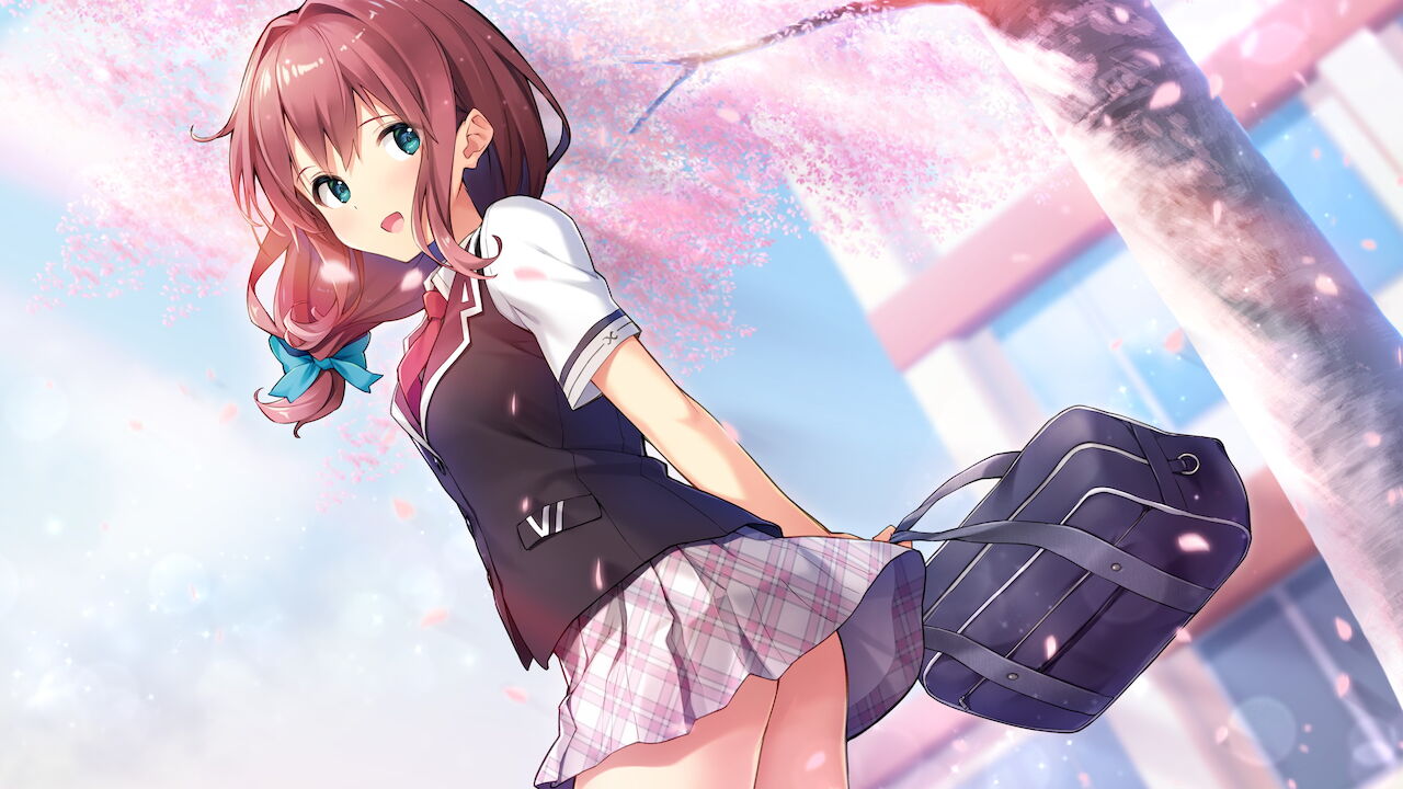 1girl, :d, arm_behind_back, artist_request, bag, bangs, blue_eyes, brown_hair