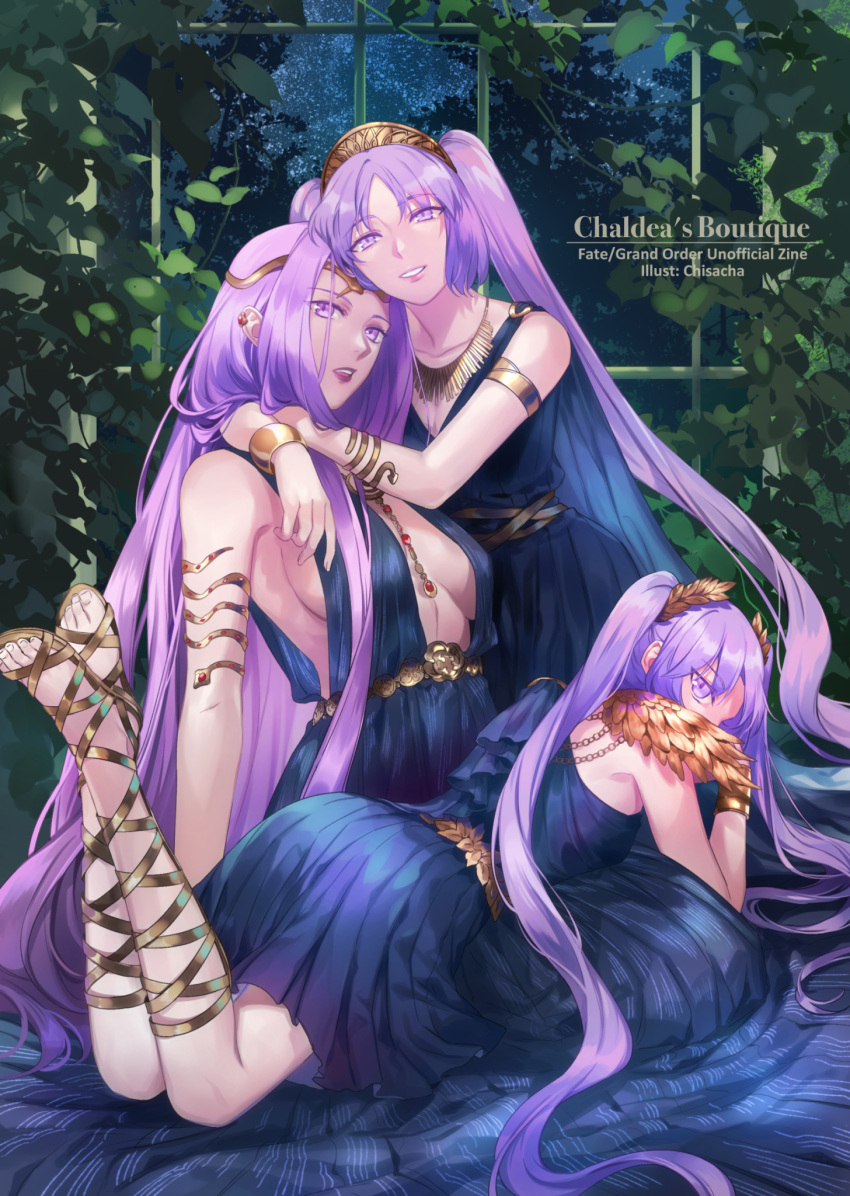3girls, alternate_costume, blue_dress, breasts, chisasasacha, collar, dress, euryale_(fate)