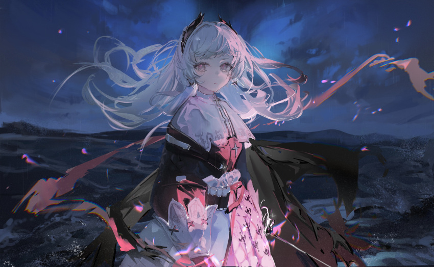 1girl, absurdres, arknights, black_jacket, capelet, closed_mouth, cowboy_shot, earrings