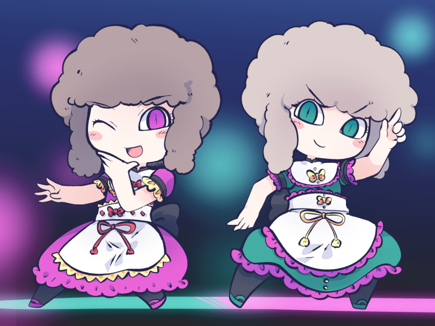 2girls, ;d, afro, alternate_hairstyle, apron, bangs, big_hair, black_legwear
