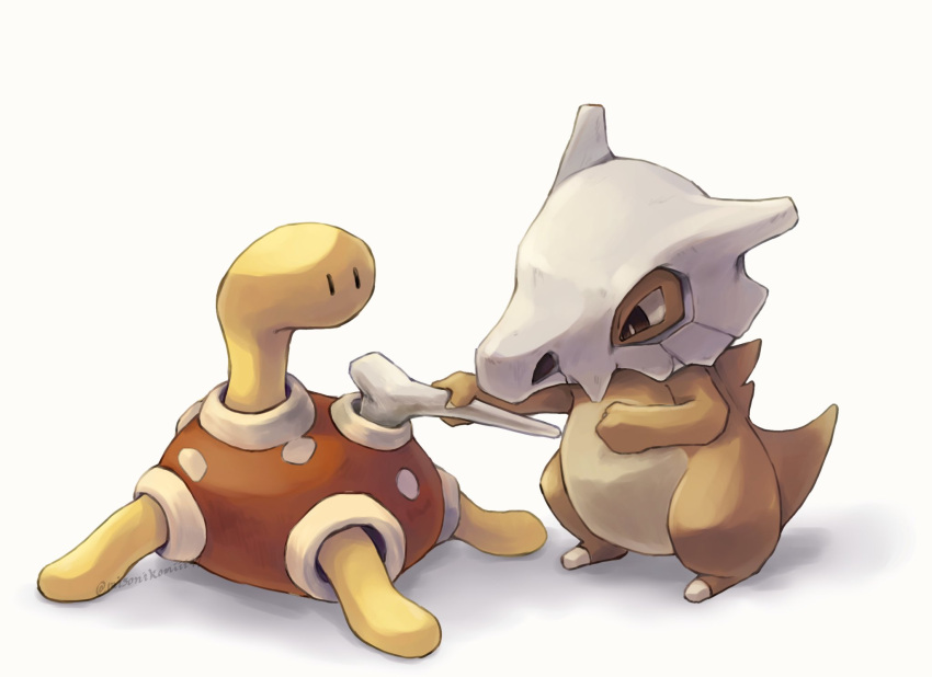 bone, bright_pupils, brown_eyes, crack, cubone, highres, holding, holding_bone