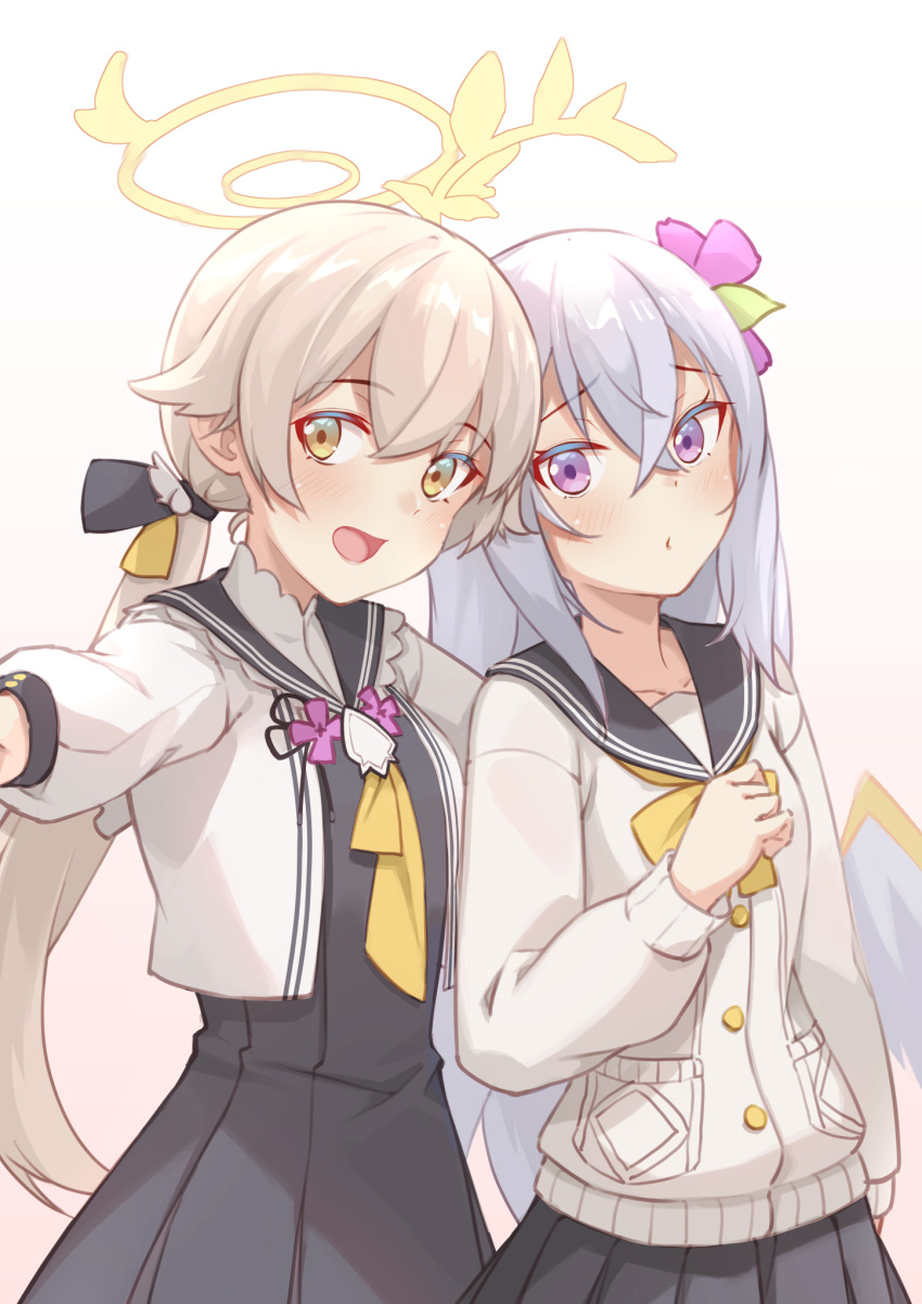 2girls, alter_(kxk7357), azusa_(blue_archive), bangs, black_sailor_collar, blue_archive, blush, bngs