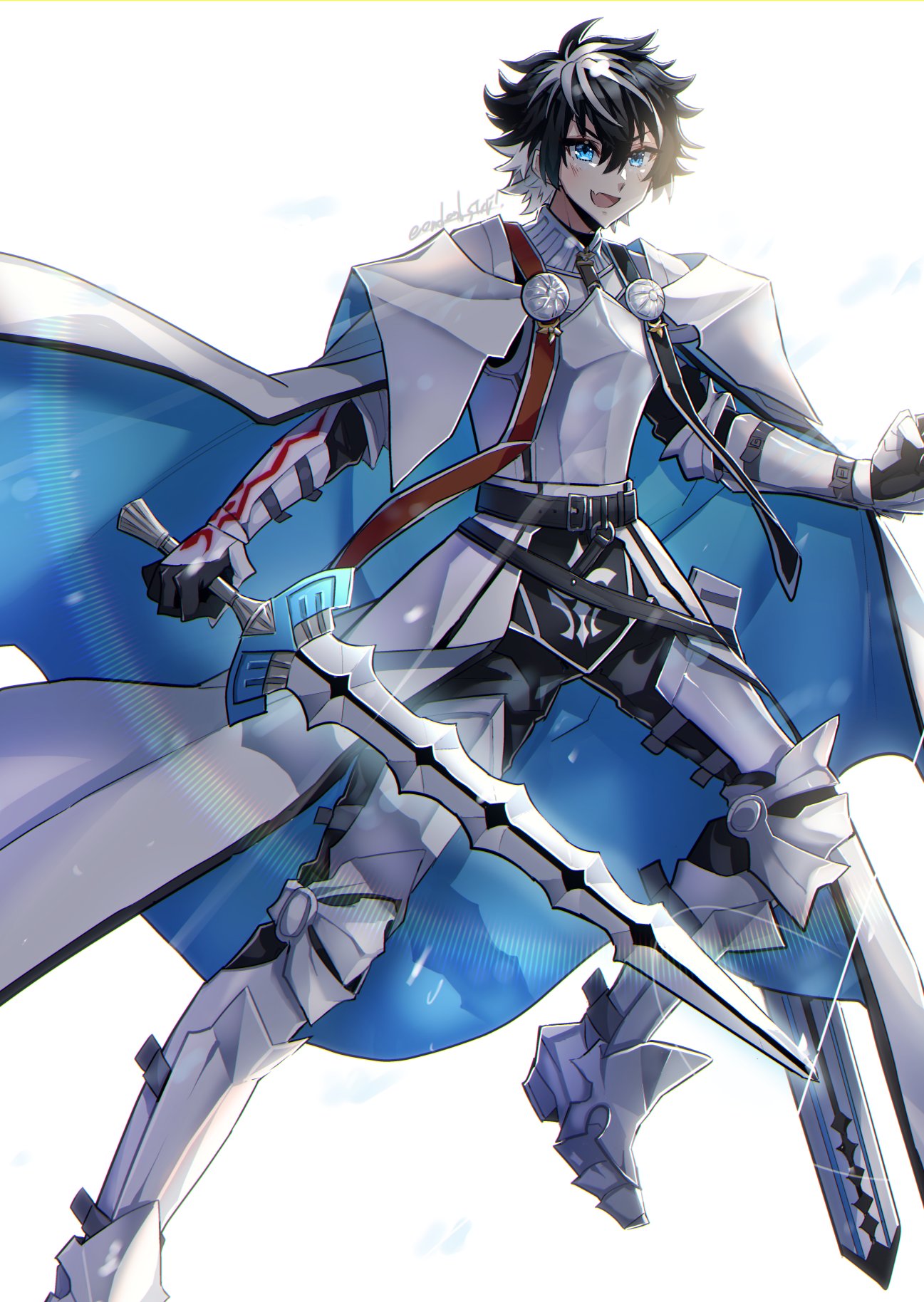 1boy, :d, armor, bishounen, black_hair, blue_eyes, breastplate, cape