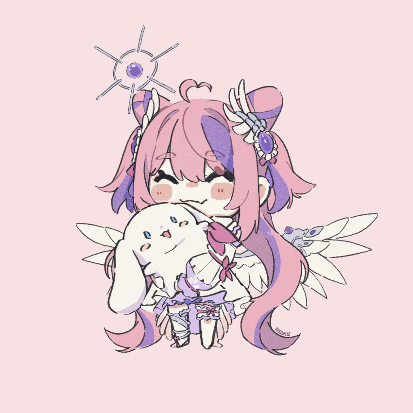 1girl, absurdres, aeriselle, ahoge, angel, angel_wings, artist_name, chibi, closed_eyes, eyebrows_visible_through_hair, fang, full_body, hair_between_eyes, highres, holding, ironmouse, pink_background, pink_hair, simple_background, skin_fang, solo, standing, virtual_youtuber, vshojo, watermark, wings
