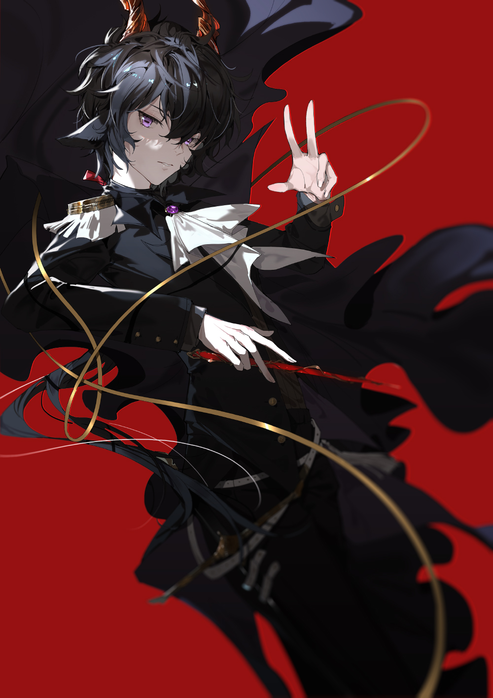 1boy, arknights, ascot, baton_(conducting), black_hair, black_jacket, black_pants, brooch