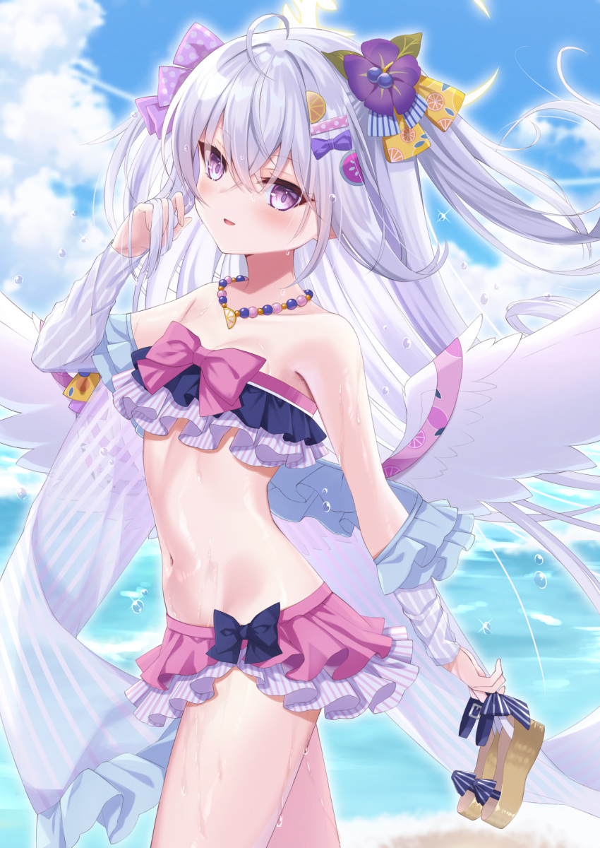 azusa_(blue_archive), azusa_(swimsuit)_(blue_archive), bangs, blue_archive, blush, crossed_bangs, detached_sleeves, flower