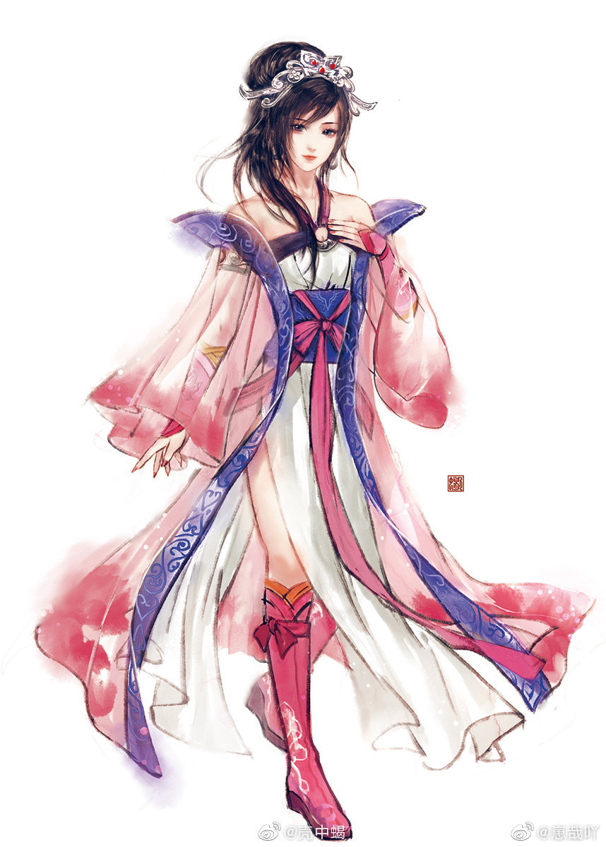 1girl, bare_shoulders, black_hair, chi_lian_(qin_shi_ming_yue), dress, earrings, full_body, hair_bun