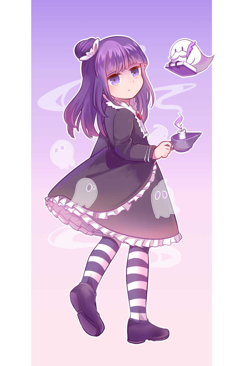 1girl, bangs, black_dress, blackberry_cookie, bow, brooch, candle, cookie_run