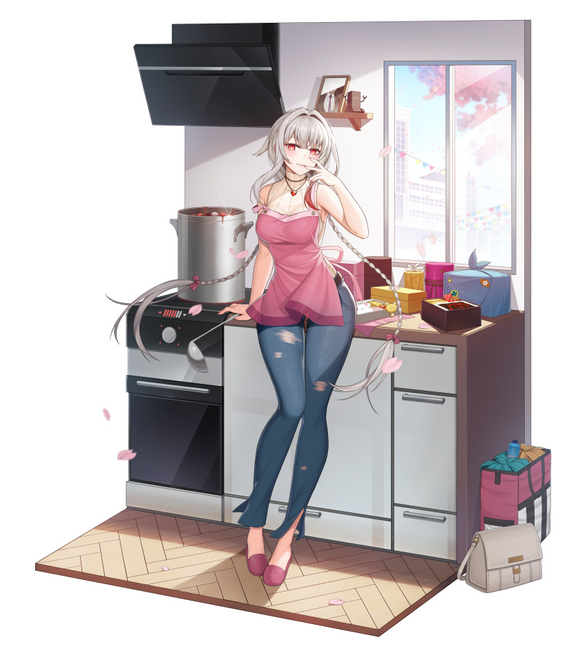 1girl, absurdres, administrator_(counter:side), alex_(counter:side), apron, bangs, bento, braid, counter:side, day, grey_hair, hand_up, highres, holding, holding_ladle, indoors, kitchen, ladle, long_hair, looking_at_viewer, machine-g.a.p., official_art, pants, petals, picture_frame, pink_apron, pot, red_eyes, sleeveless, sleeveless_sweater, solo, sweater, transparent_background, window