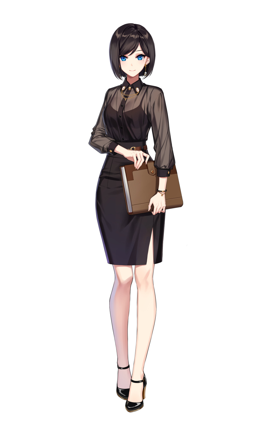1girl, absurdres, ankle_strap, bangs, black_camisole, black_footwear, black_skirt, blue_eyes