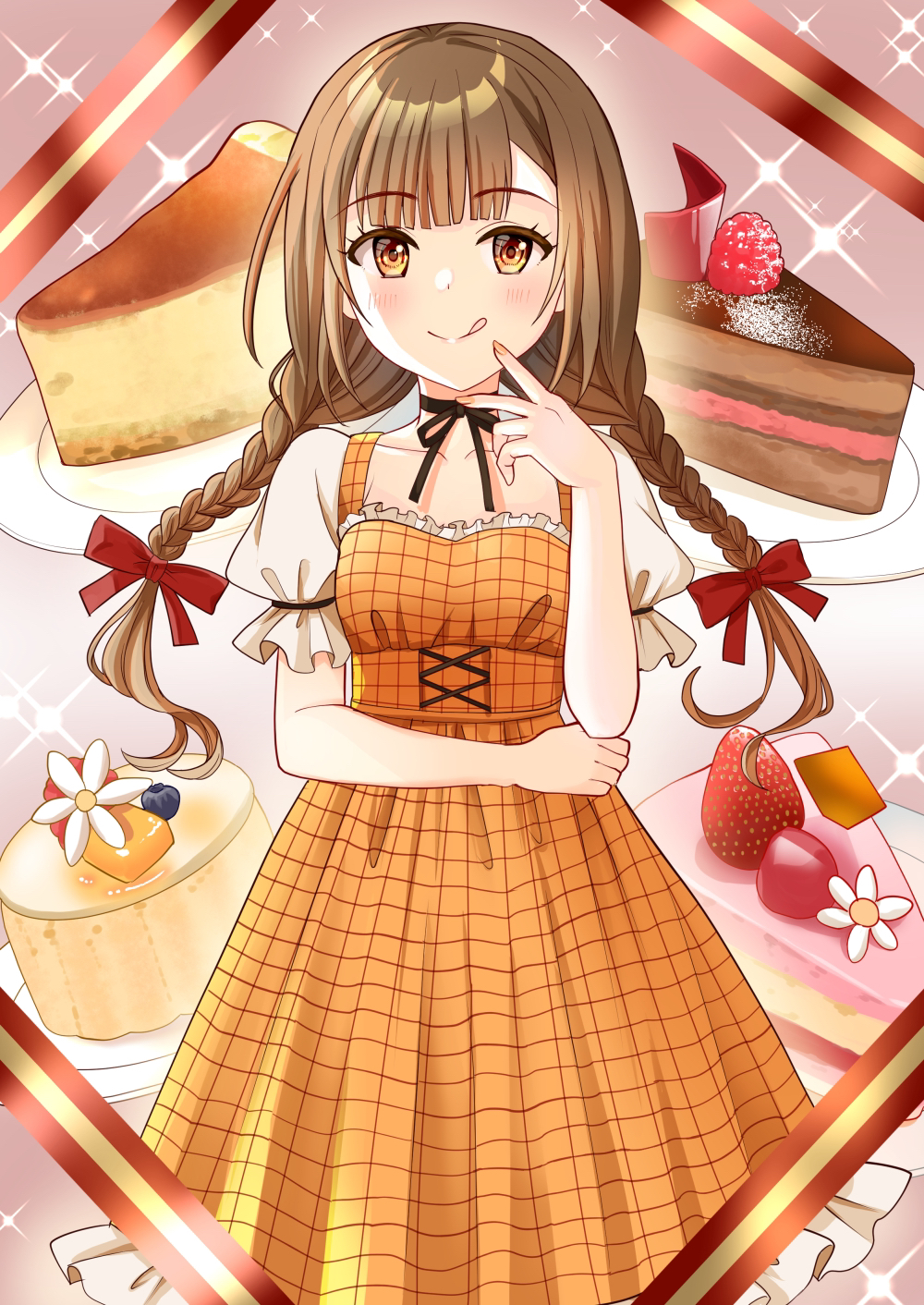 1girl, bangs, black_ribbon, blunt_bangs, braid, breasts, brown_hair, cake