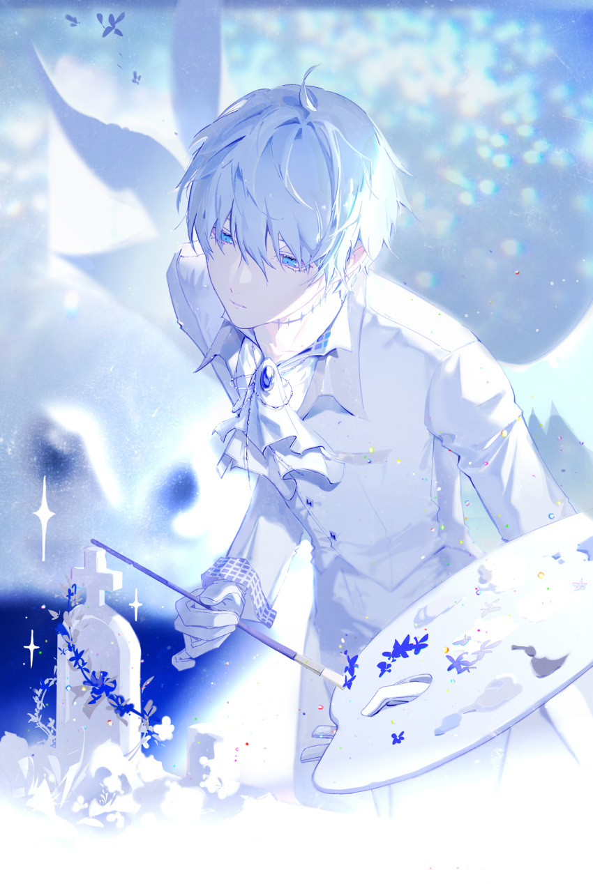 1boy, absurdres, ahoge, angel_wings, bangs, black_pants, bloom, blue_eyes