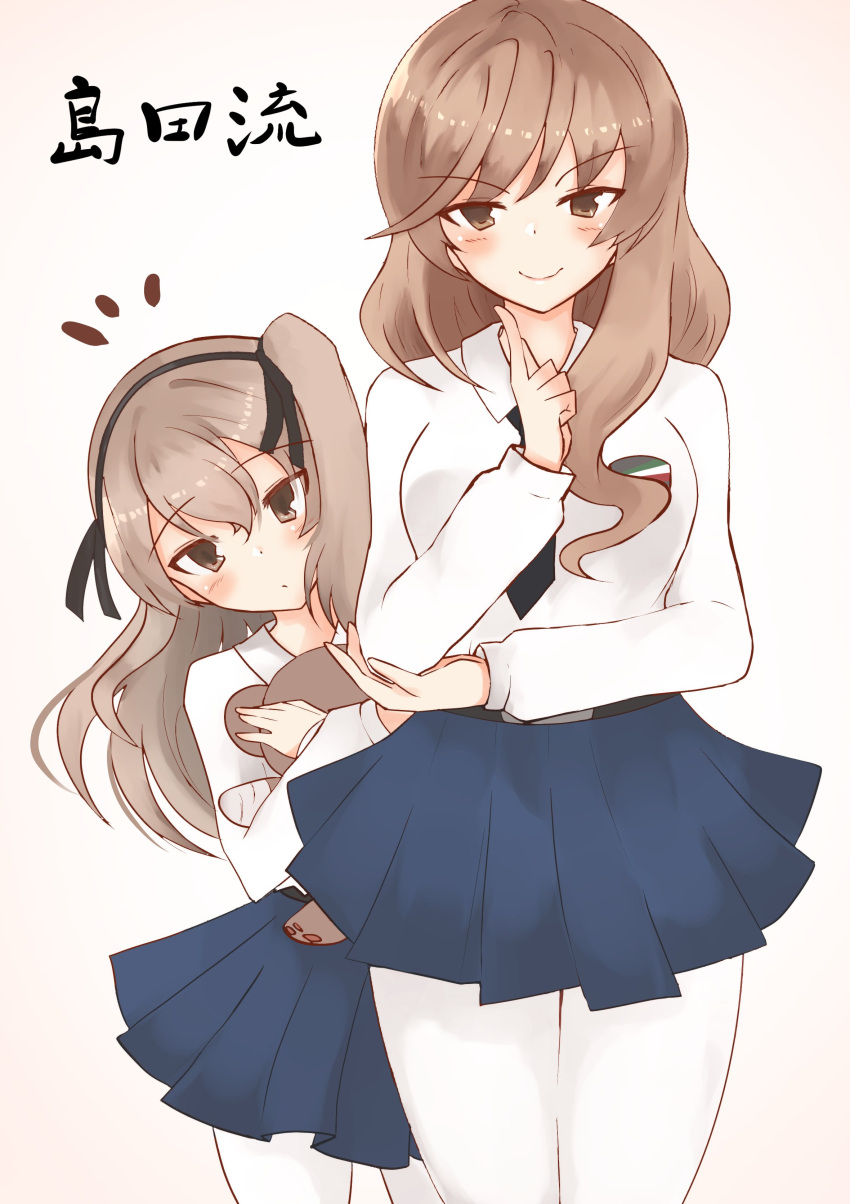 2girls, absurdres, anzio_school_uniform, bangs, black_ribbon, boko_(girls_und_panzer), brown_eyes, closed_mouth