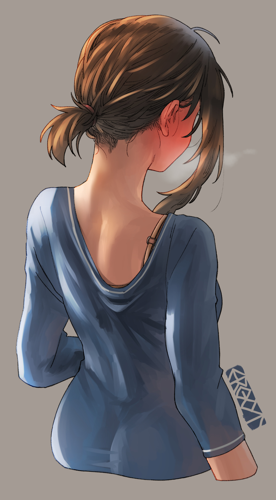 1girl, blue_shirt, blush, bra, bra_peek, brown_hair, clothes_pull, ear_blush