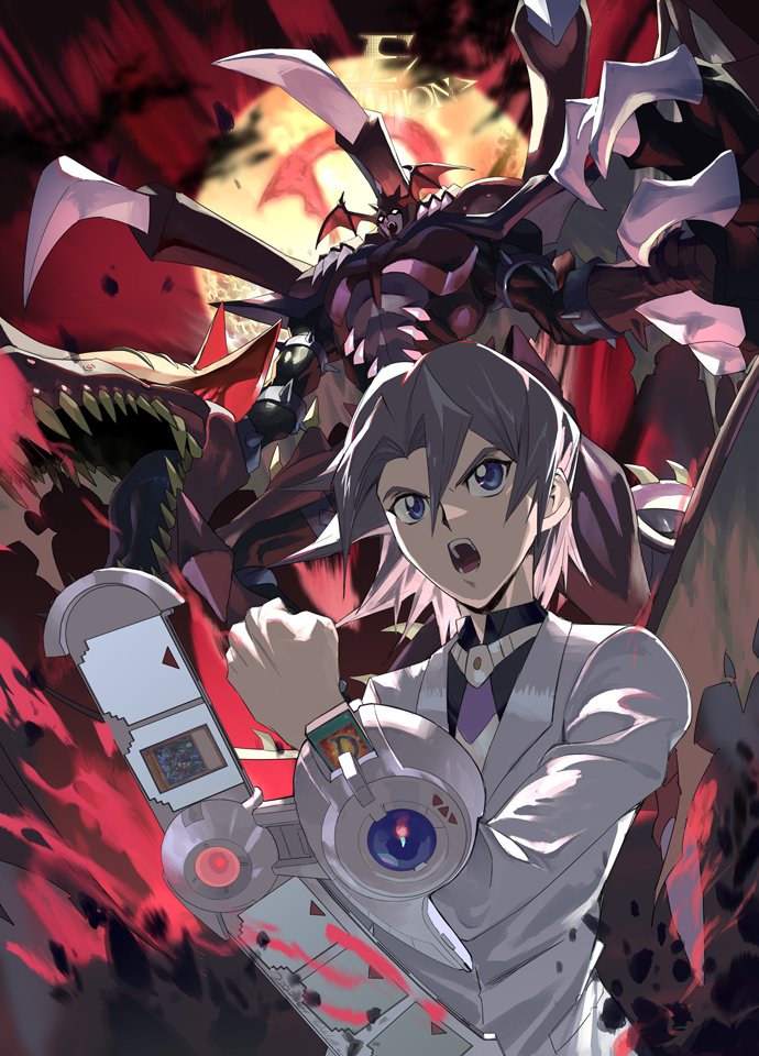 2boys, bangs, black_shirt, blue_eyes, card, claws, commentary, demon_boy, demon_wings, destiny_hero_-_plasma, duel_disk, duel_monster, e_volution, edo_phoenix, formal, grey_hair, hair_between_eyes, hand_up, head_wings, jacket, male_focus, multiple_boys, necktie, open_mouth, sharp_teeth, shirt, suit, teeth, upper_body, wings, yellow_eyes, yu-gi-oh!, yu-gi-oh!_gx
