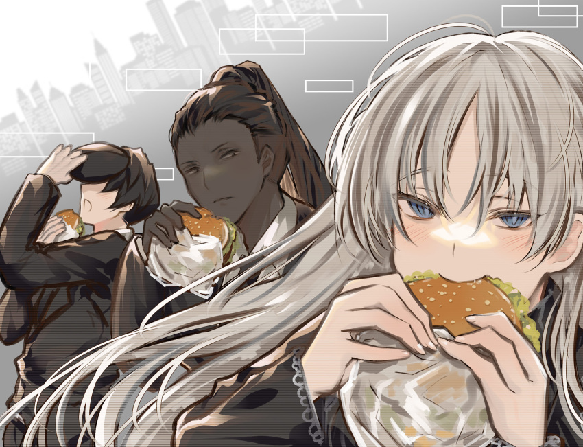 1girl, 2boys, angelica_(library_of_ruina), black_hair, black_jacket, black_necktie, blue_eyes, burger