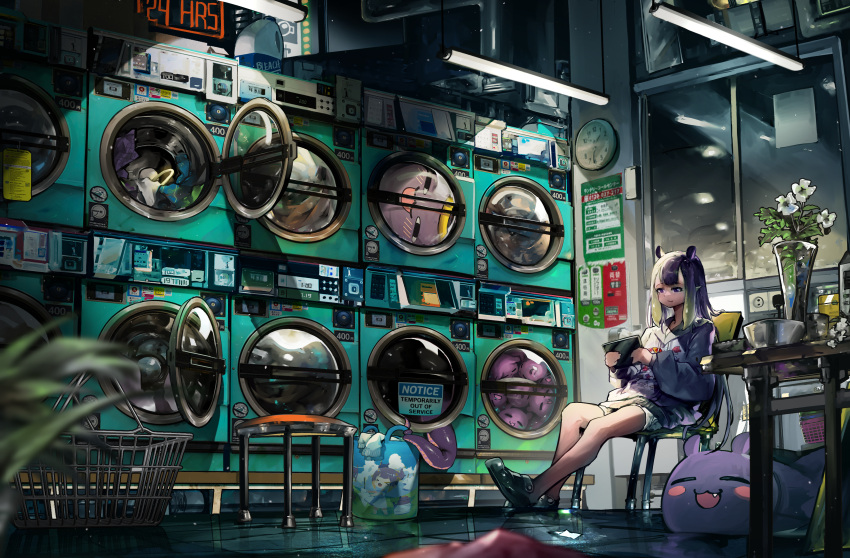 1girl, absurdres, bag, bleach_(chemical), blurry, chair, clock, depth_of_field