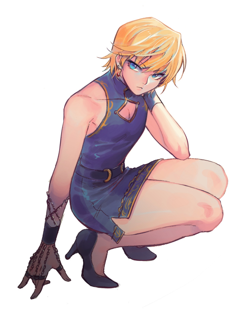 1boy, 302, androgynous, bangs, bare_shoulders, belt, black_footwear, blonde_hair