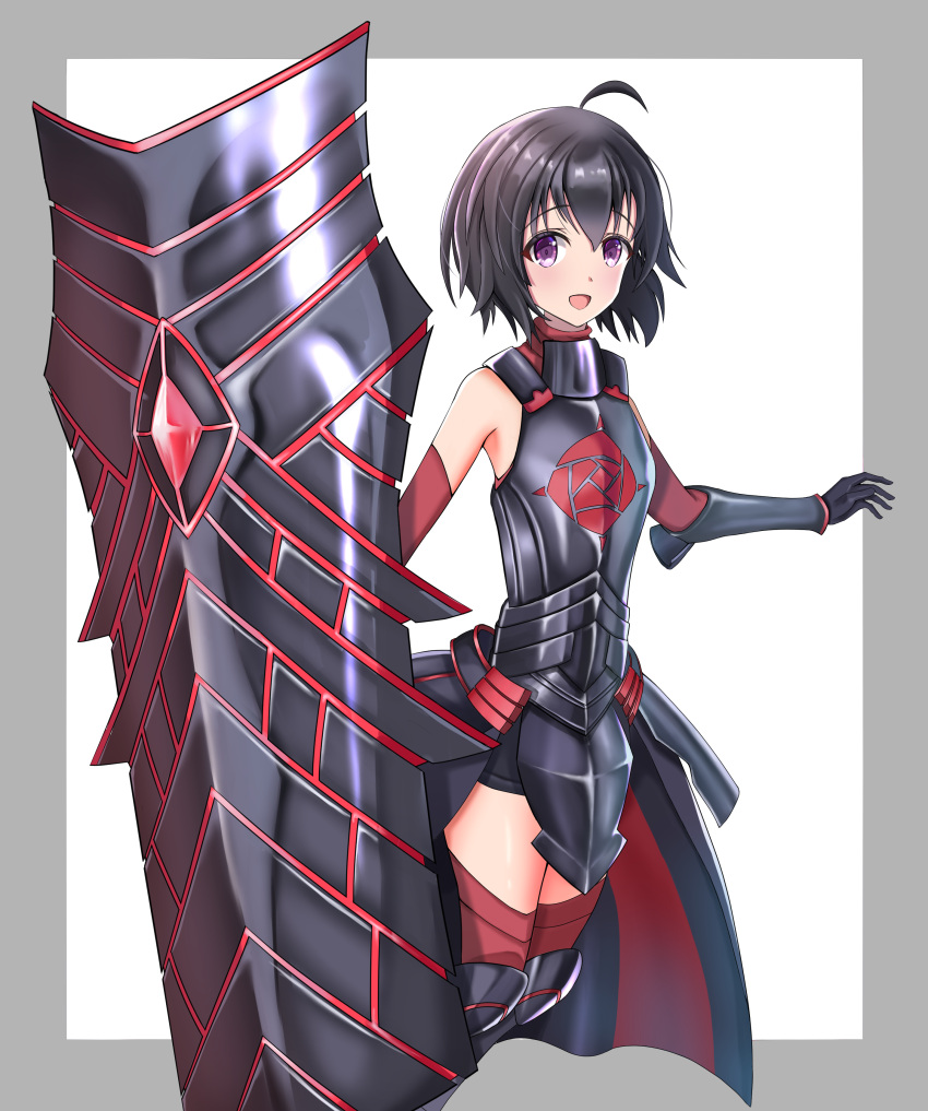 1girl, :d, absurdres, ahoge, armor, armpits, bangs, bare_shoulders, black_armor, black_gloves, black_hair, bob_cut, border, bracer, breastplate, commentary, elbow_gloves, gloves, greaves, hair_between_eyes, hair_strand, highres, holding, holding_shield, itai_no_wa_iya_nano_de_bougyoryoku_ni_kyokufuri_shitai_to_omoimasu, maple_(bofuri), open_mouth, outside_border, red_gloves, red_legwear, s08_(n_shoya), shield, short_hair, skinny, smile, solo, standing, thigh-highs, tower_shield, violet_eyes, white_background