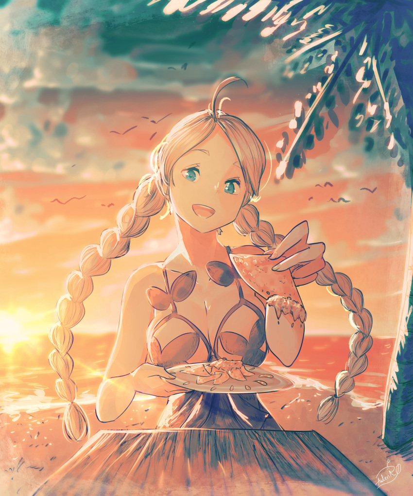 1girl, absurdres, ahoge, aidenr0, alternate_costume, bangs, bare_shoulders, beach