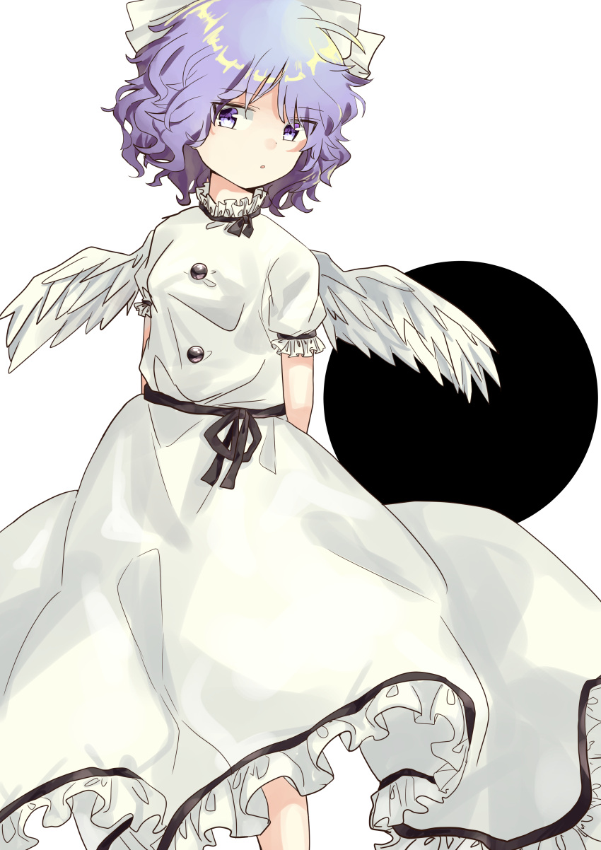 1girl, absurdres, angel_wings, arms_behind_back, black_ribbon, black_sash, blue_eyes, bow, breasts, buttons, closed_mouth, commentary_request, dress, expressionless, feathered_wings, frilled_dress, frilled_sleeves, frills, hair_bow, highres, light_blue_hair, mai_(touhou), neck_ribbon, puffy_short_sleeves, puffy_sleeves, ribbon, sash, short_hair, short_sleeves, small_breasts, solo, touhou, touhou_tag_dream, user_ymad5434, wavy_hair, white_bow, white_dress, white_wings, wings