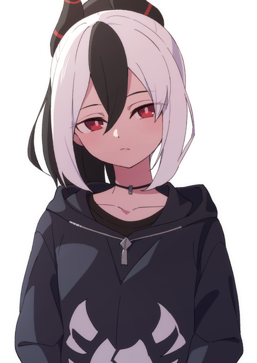 1girl, afnroll, black_choker, black_hair, black_hoodie, blue_archive, bright_pupils, choker