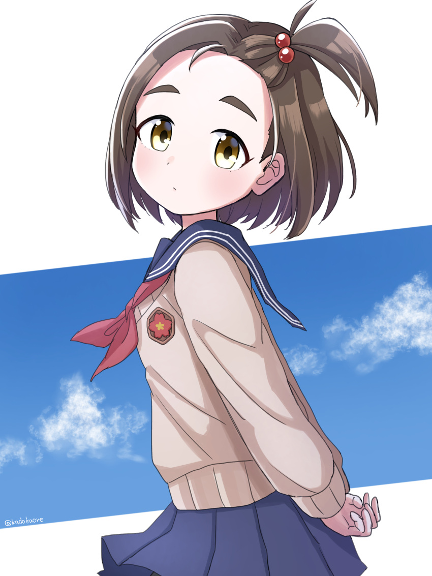 1girl, absurdres, arms_behind_back, blue_skirt, blue_sky, brown_hair, clouds, expressionless