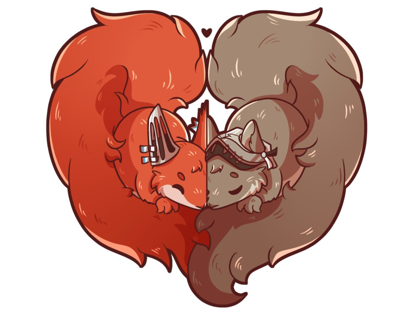 animal, animal_focus, animalization, arknights, ashlock_(arknights), closed_eyes, commentary, english_commentary, flametail_(arknights), gamma_(gaemms_chamois), heart, no_humans, short_eyebrows, simple_background, squirrel, thick_eyebrows, visor_(armor), white_background