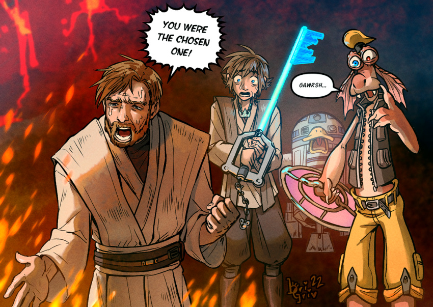 3boys, alien, black_vest, blue_eyes, bri_(brigriv), brown_hair, brown_pants, brown_robe, clenched_hand, cosplay, crossover, crying, crying_with_eyes_open, disney, donald_duck, donald_duck_(cosplay), droid, energy_sword, goofy, gungan, heterochromia, holding, holding_shield, holding_weapon, jewelry, keyblade, kingdom_hearts, lightsaber, multiple_boys, necklace, obi-wan_kenobi, open_hand, open_mouth, pants, r2-d2, robot, shield, sora_(kingdom_hearts), star_wars, star_wars:_revenge_of_the_sith, sword, tears, vest, weapon, yellow_pants