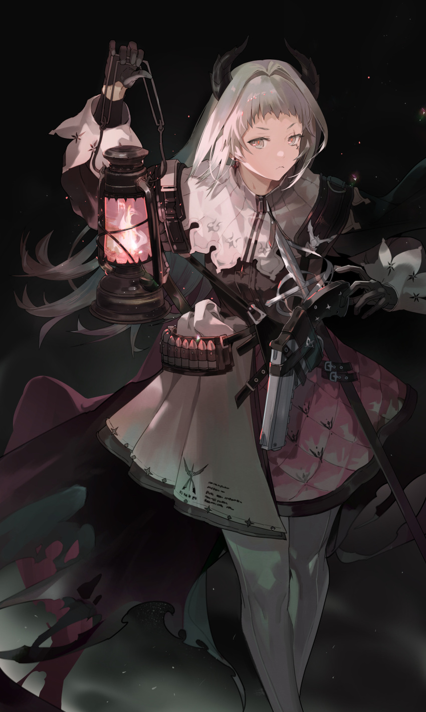 1girl, absurdres, ammunition_belt, arknights, arm_up, ashukapeka, bangs, black_cape