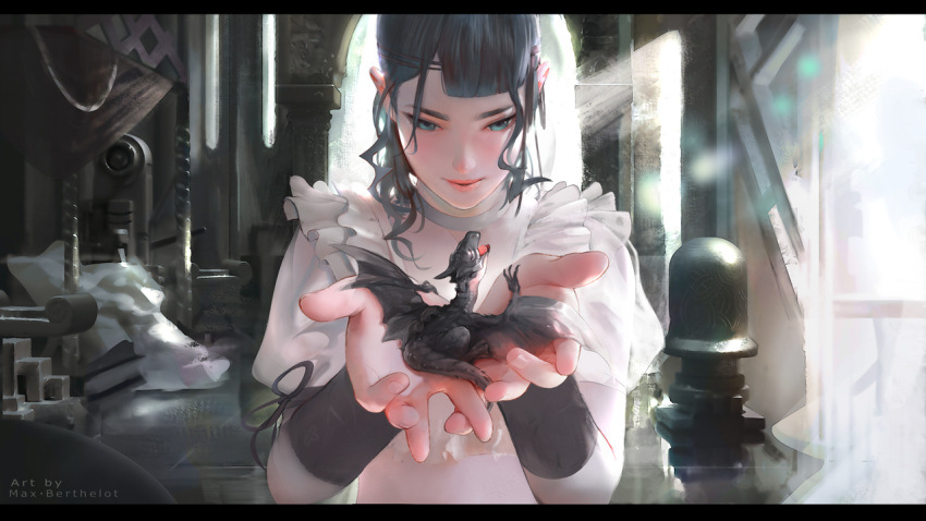 1girl, arch, artist_name, bed, black_hair, blue_eyes, canopy_bed, choker