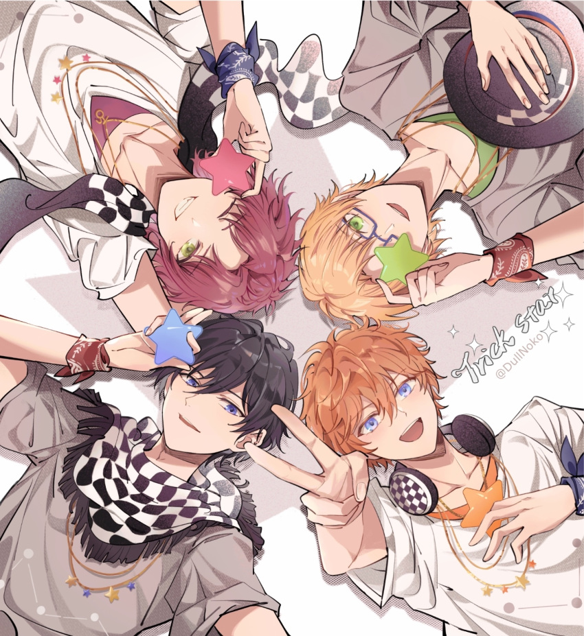 4boys, akehoshi_subaru, bandana, black_hair, blonde_hair, blue_eyes, checkered_clothes, checkered_headwear, checkered_scarf, circle_formation, covering_one_eye, dullnoko, ensemble_stars!, fedora, glasses, green_eyes, grin, hat, hat_removed, headphones, headphones_around_neck, headwear_removed, hidaka_hokuto, highres, holding, holding_star, isara_mao, jewelry, looking_up, lying, male_focus, multiple_boys, necklace, on_back, open_mouth, redhead, scarf, smile, star_(symbol), trickstar_(ensemble_stars!), v, yuuki_makoto
