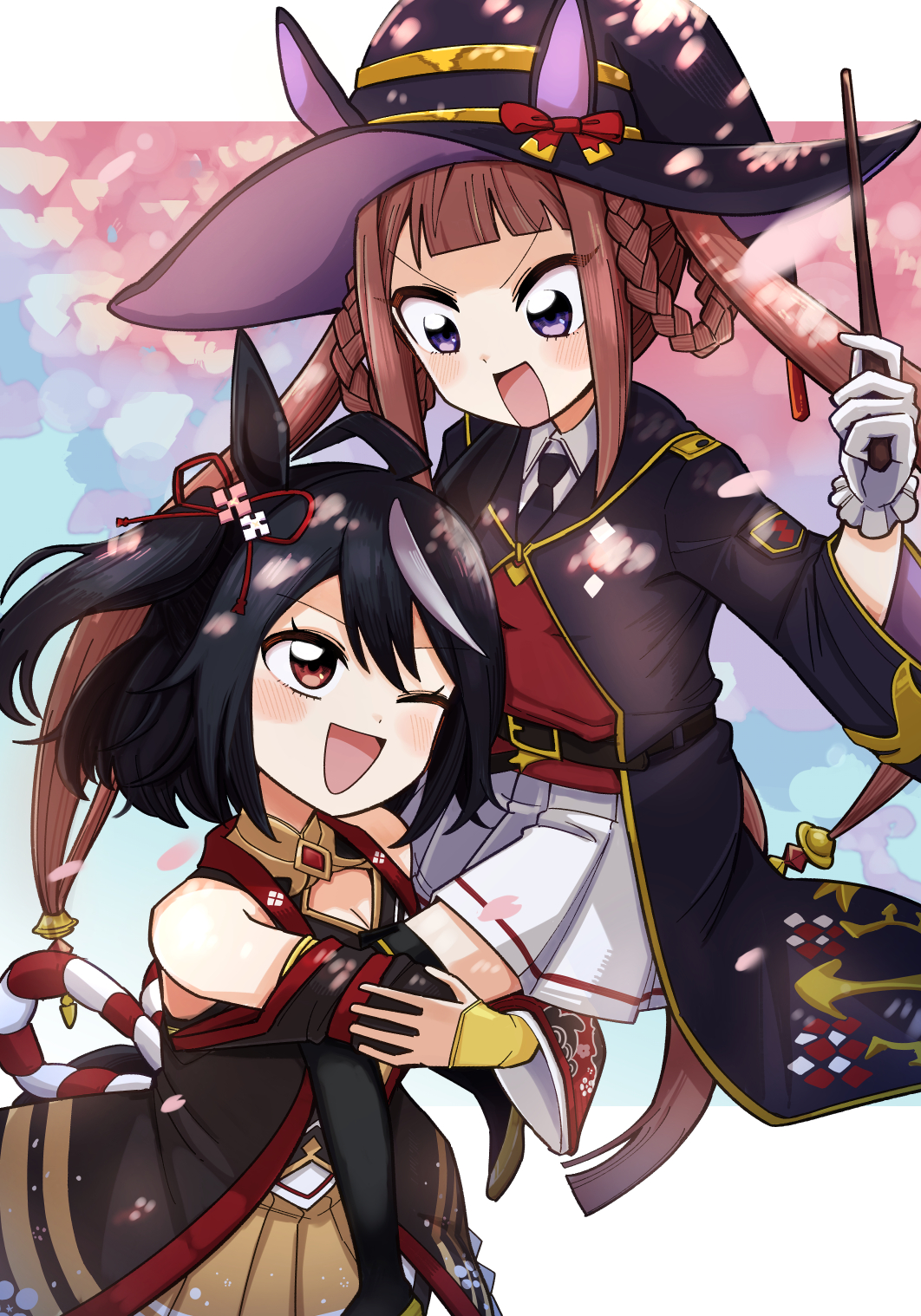 2girls, animal_ears, belt, black_hair, blush, breasts, brown_hair, commentary_request