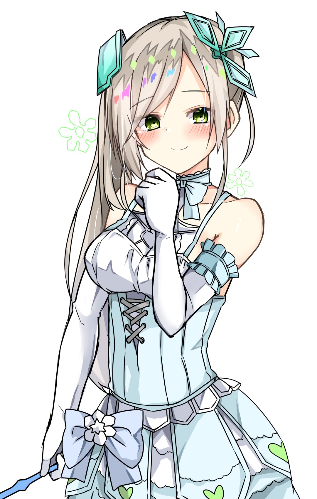 1girl, blush, dot_nose, green_eyes, highres, holding, raion_(inoueraion), ribbon, simple_background, snowdrop_the_rikka_fairy, solo, white_background, yu-gi-oh!