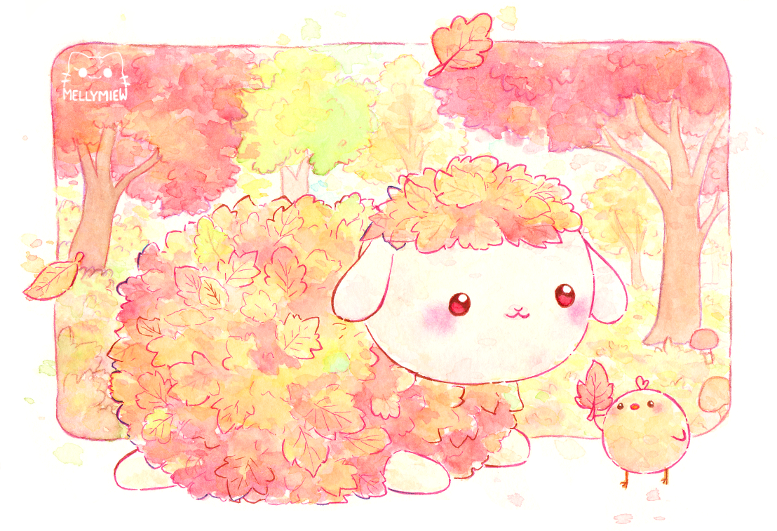 :3, animal, animal_focus, artist_name, autumn, autumn_leaves, bird, bisquii, border, chibi, chick, closed_mouth, english_commentary, holding, leaf, lying, mushroom, no_humans, on_stomach, original, outdoors, painting_(medium), red_eyes, sheep, standing, traditional_media, tree, watercolor_(medium), white_border