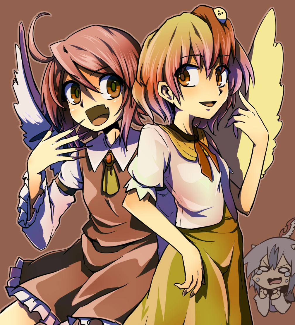 3girls, ahoge, animal, animal_on_head, bird, bird_on_head, bird_wings, blonde_hair