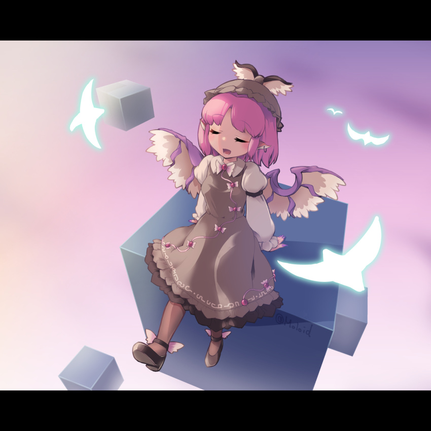 1girl, animal_ears, bird_ears, bird_wings, black_footwear, blush, brown_dress, brown_headwear