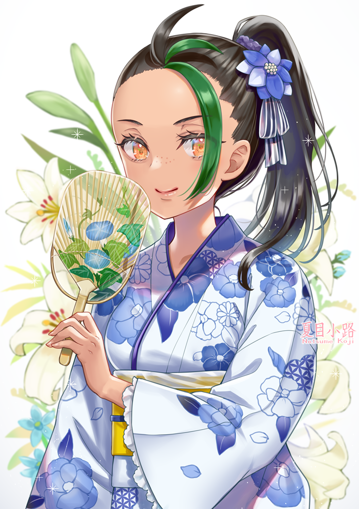 1girl, alternate_costume, artist_name, black_hair, blue_flower, brown_eyes, closed_mouth, dark-skinned_female