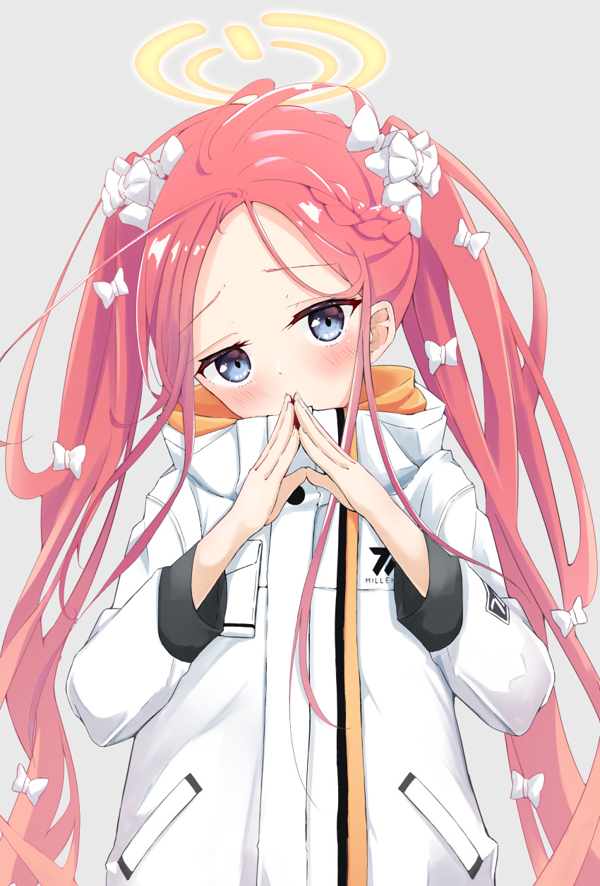 1girl, absurdres, alternate_hairstyle, bangs, blue_archive, blush, bow, braid, coat, commentary_request, eyebrows_visible_through_hair, forehead, grey_background, grey_eyes, hair_bow, hair_ribbon, halo, head_tilt, highres, hooded_coat, kanikama_acedia, long_hair, long_sleeves, looking_at_viewer, own_hands_together, parted_bangs, redhead, ribbon, sidelocks, simple_background, single_braid, solo, turtleneck, twintails, white_coat, yuzu_(blue_archive)