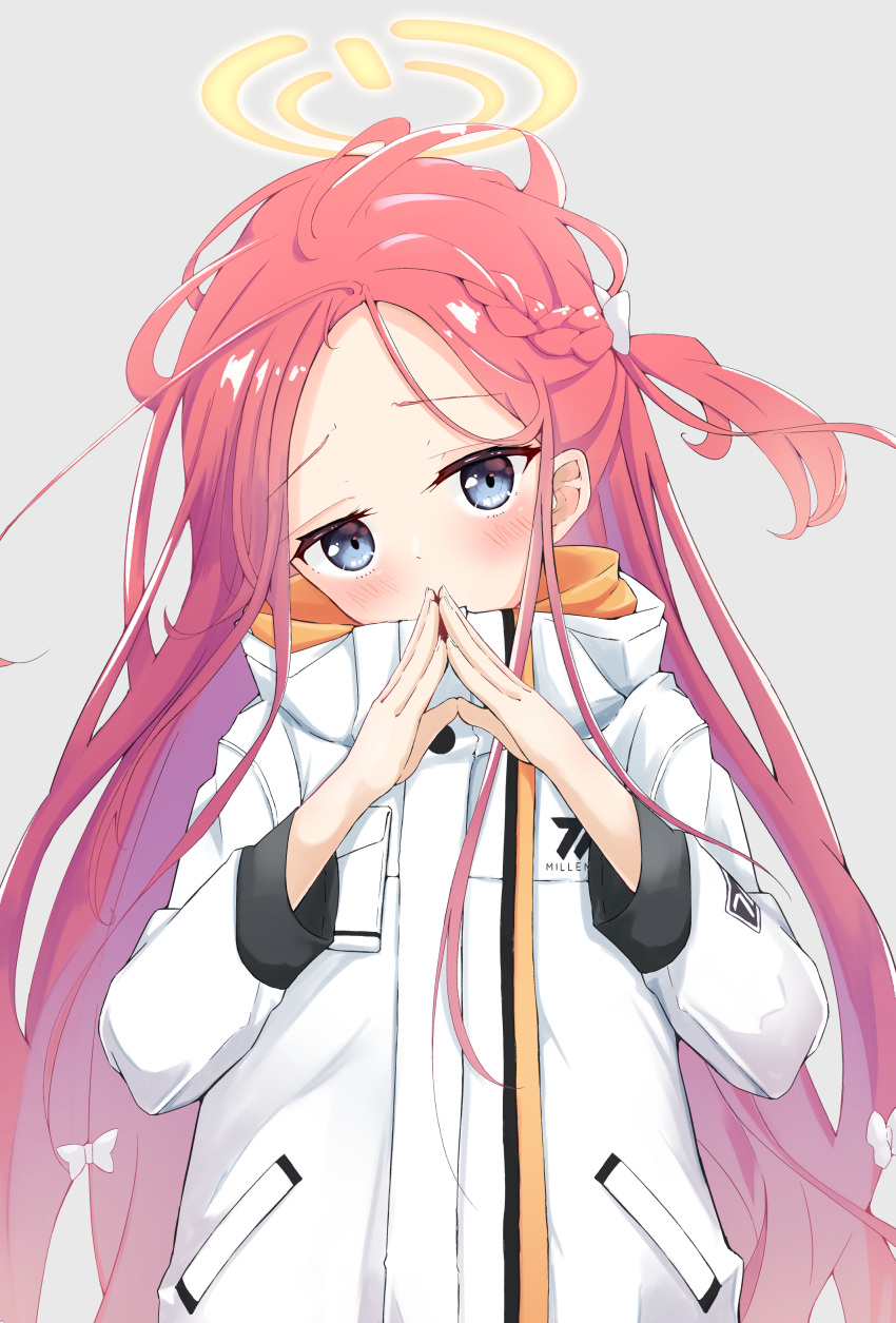 1girl, absurdres, bangs, blue_archive, blush, bow, braid, coat