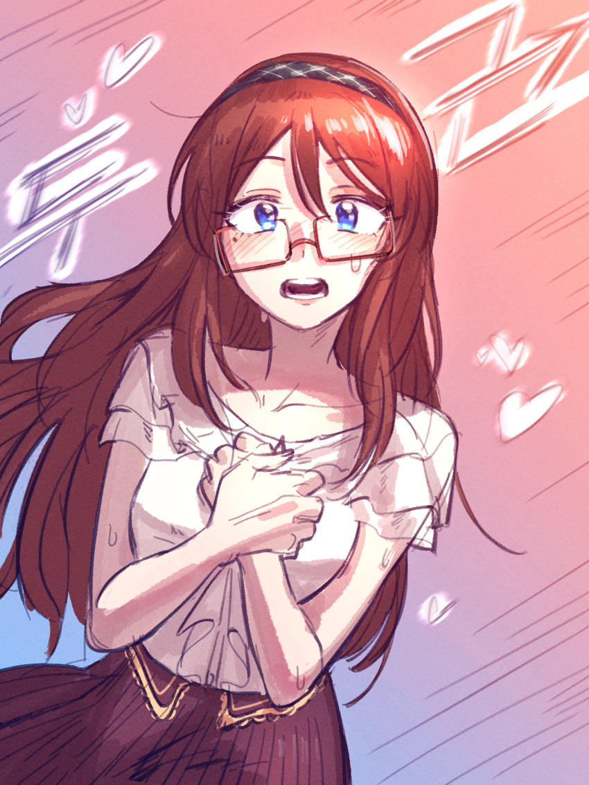 1girl, :o, blue_eyes, crooked_eyewear, furusawa_yoriko, hairband, heart, heartbeat