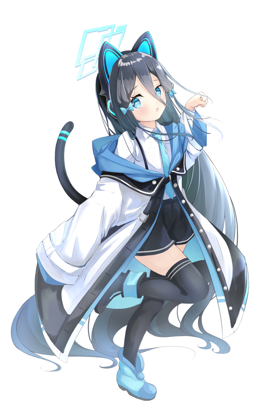 1girl, absurdly_long_hair, absurdres, alternate_costume, animal_ears, arisu_(blue_archive), bangs, black_legwear, black_shorts, blue_archive, blue_footwear, bow, cat_ears, cat_tail, collared_shirt, commentary_request, cosplay, eyebrows_visible_through_hair, fake_animal_ears, fake_tail, full_body, hair_between_eyes, hair_bow, hair_ribbon, halo, headphones, highres, kanikama_acedia, long_hair, long_sleeves, looking_at_viewer, midori_(blue_archive), midori_(blue_archive)_(cosplay), momoi_(blue_archive), momoi_(blue_archive)_(cosplay), necktie, one_side_up, parted_lips, paw_pose, ribbon, school_uniform, shirt, short_shorts, shorts, sidelocks, simple_background, solo, standing, standing_on_one_leg, suspenders, tail, tress_ribbon, very_long_hair, white_background, zettai_ryouiki