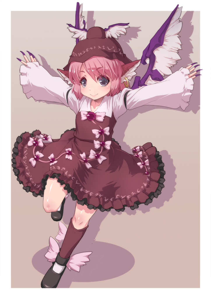 1girl, animal_ears, bird_ears, bird_wings, black_footwear, blush, brown_dress, brown_headwear