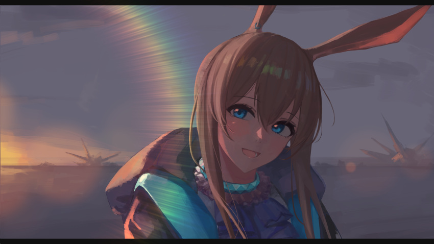 1girl, :d, amiya_(arknights), animal_ears, arknights, ascot, black_coat, blue_ascot