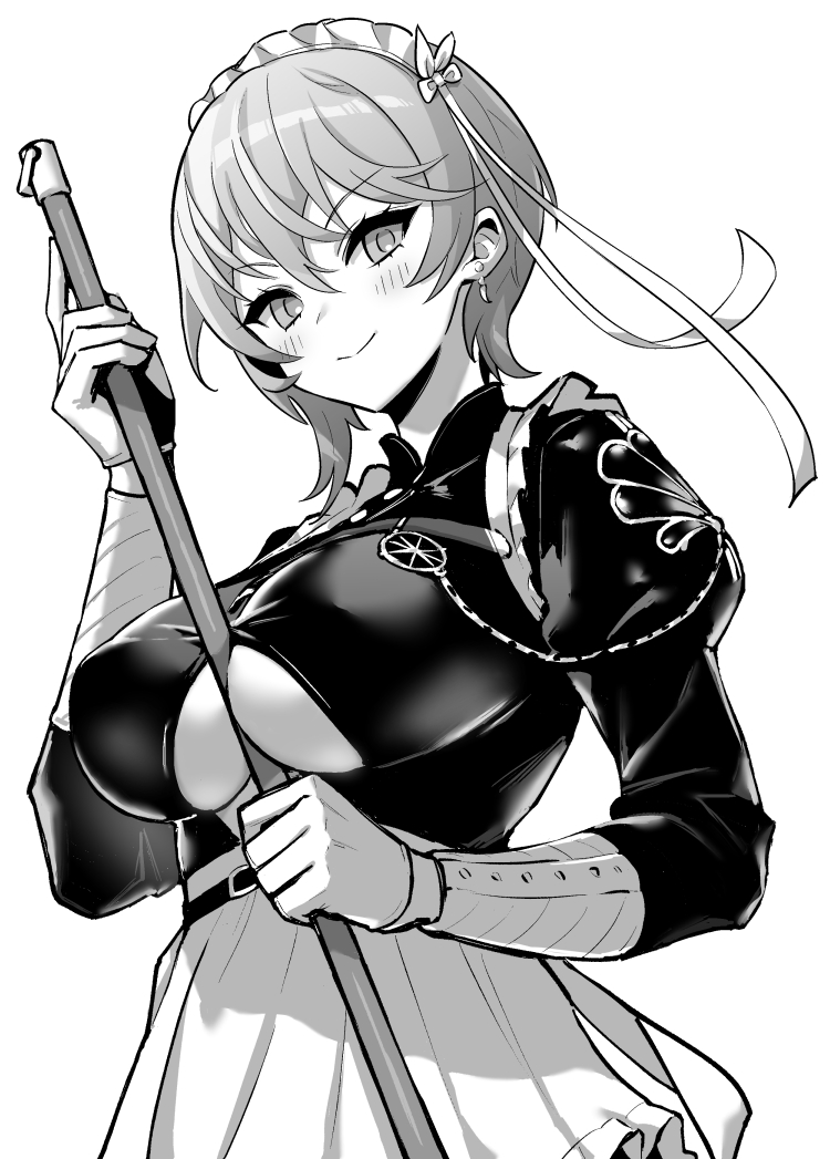 1girl, azur_lane, azur_lane:_slow_ahead, bellona_(armed_to_clean)_(azur_lane), bellona_(azur_lane), between_breasts, blush, breasts, broom, clothing_cutout, gloves, greyscale, hori_(hori_no_su), juliet_sleeves, large_breasts, long_sleeves, looking_at_viewer, maid_headdress, monochrome, official_art, puffy_sleeves, short_hair, smile, underboob_cutout