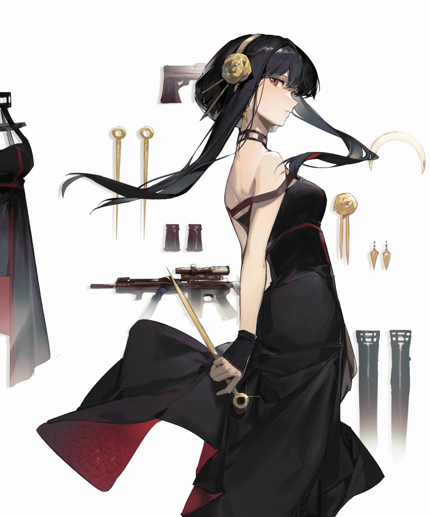 1girl, black_dress, black_gloves, black_hair, black_legwear, dress, earrings, gloves