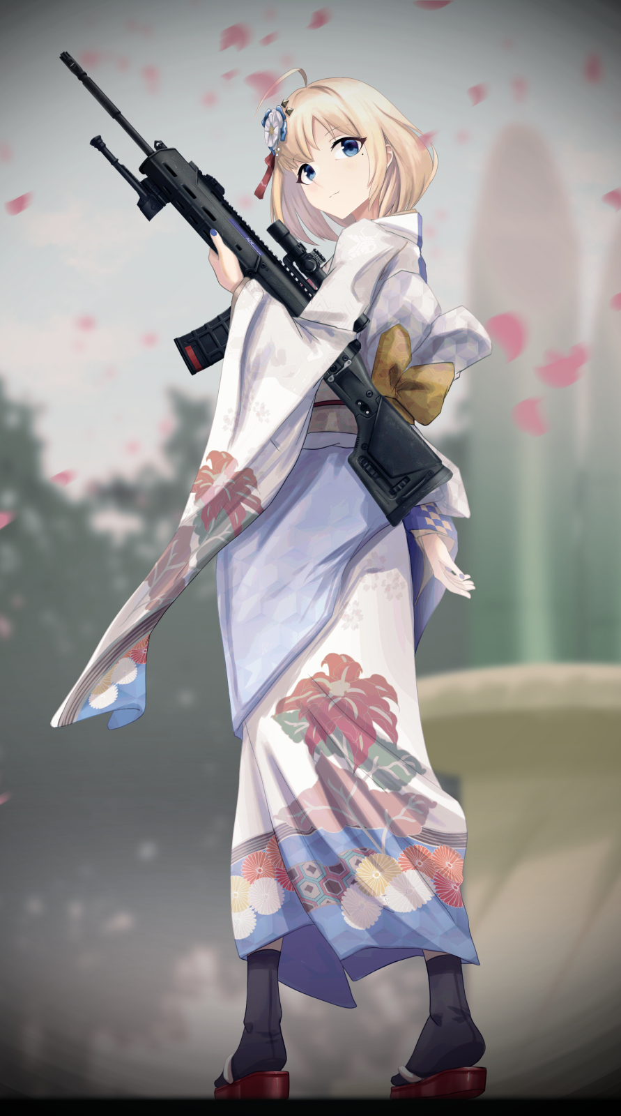 1girl, acr_(girls'_frontline), ahoge, assault_rifle, black_legwear, blonde_hair, blue_eyes, blue_nails