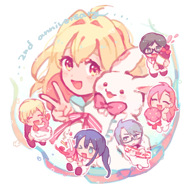 2girls, 4boys, anesagi_kaoru, anniversary, blonde_hair, blush, idolish_7, kinako_(idolish_7)