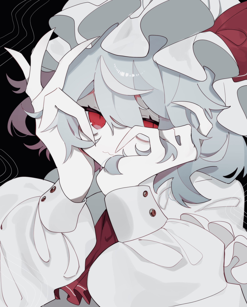 1girl, :3, ascot, bangs, blue_hair, fingernails, frilled_shirt, frills, hair_between_eyes, hands_on_own_face, hat, hat_ribbon, highres, long_sleeves, looking_at_viewer, mob_cap, puffy_long_sleeves, puffy_sleeves, red_ascot, red_eyes, red_ribbon, remilia_scarlet, ribbon, sharp_fingernails, shirt, short_hair, solo, touhou, upper_body, wavy_hair, white_headwear, white_shirt, xx_asui