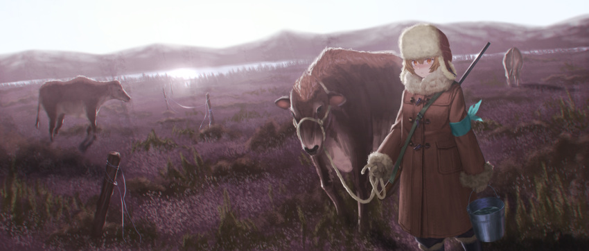 1girl, animal, arm_at_side, bangs, black_pants, blush, boots, brown_coat